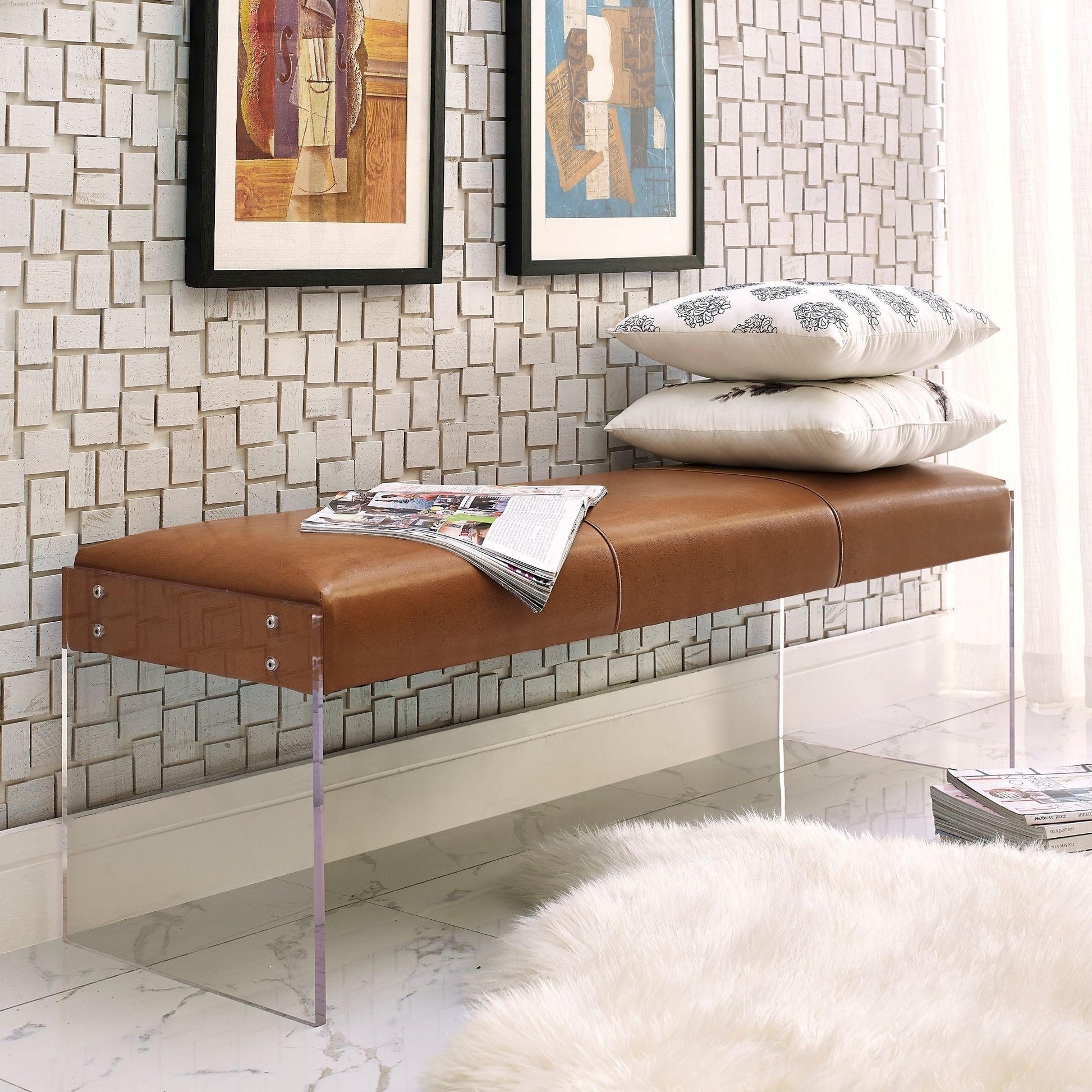 Envy Brown Leather Acrylic Bench by TOV